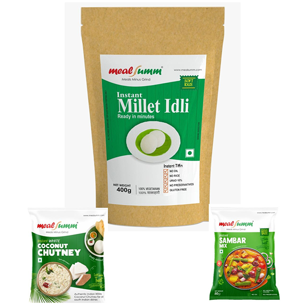 Instant Millet Idli mix with Coconut chutney and Instant Sambar