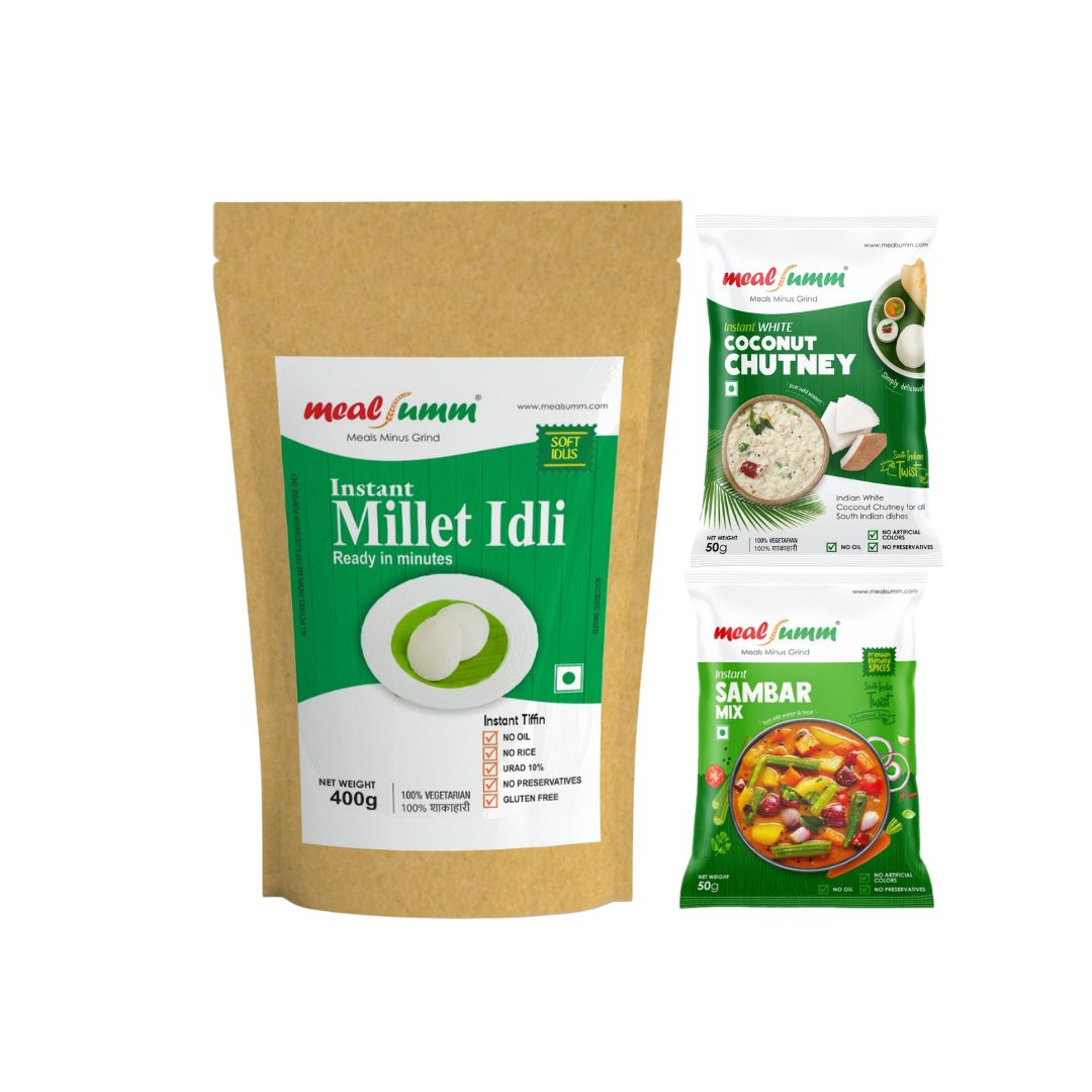 Instant Millet Idli mix with Coconut chutney and Instant Sambar