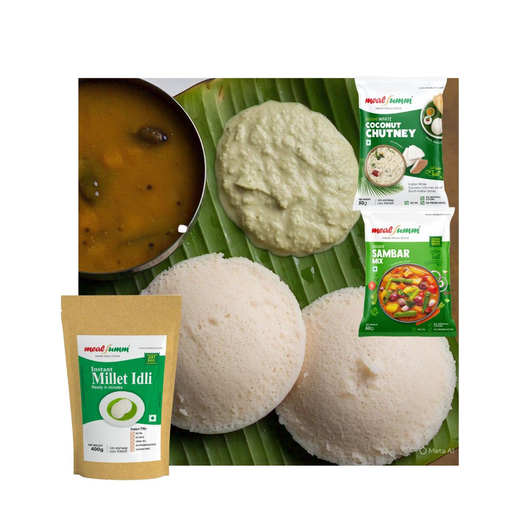 Instant Millet Idli mix with Coconut chutney and Instant Sambar
